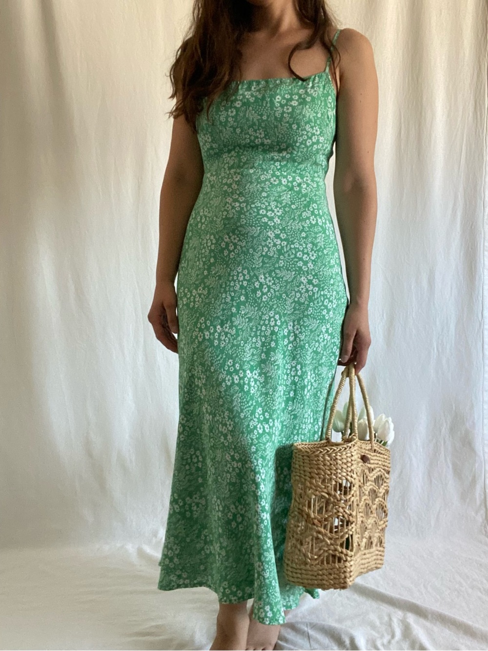 ASTR Green Floral Midi Slip Dress Medium Viscose